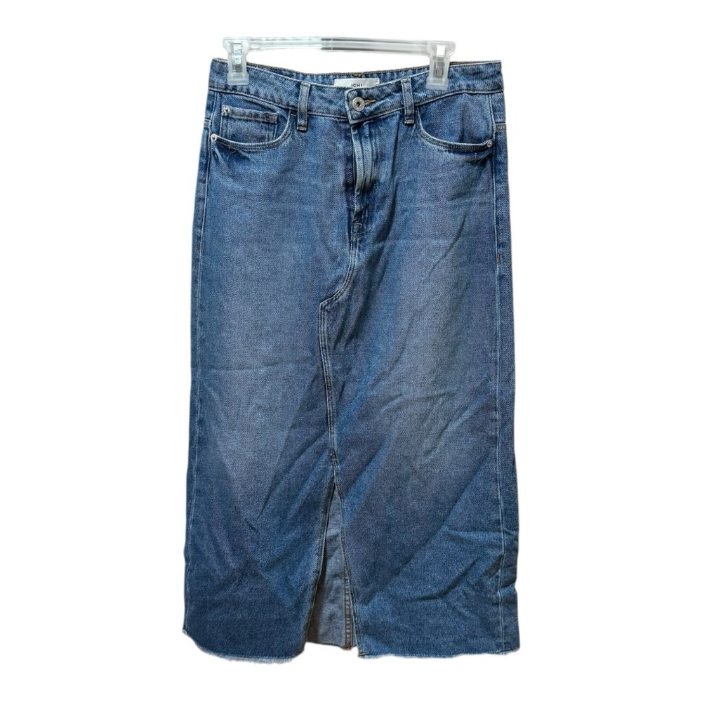ICHI Gulip Denim Midi Skirt Womens 38 Blue Excellent Front Slit Raw Hem 20106042